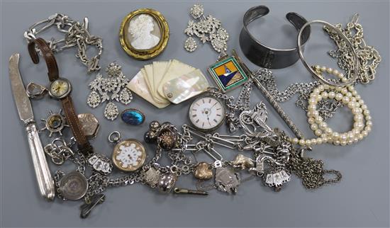 Mixed jewellery including silver and costume and two fob watches.